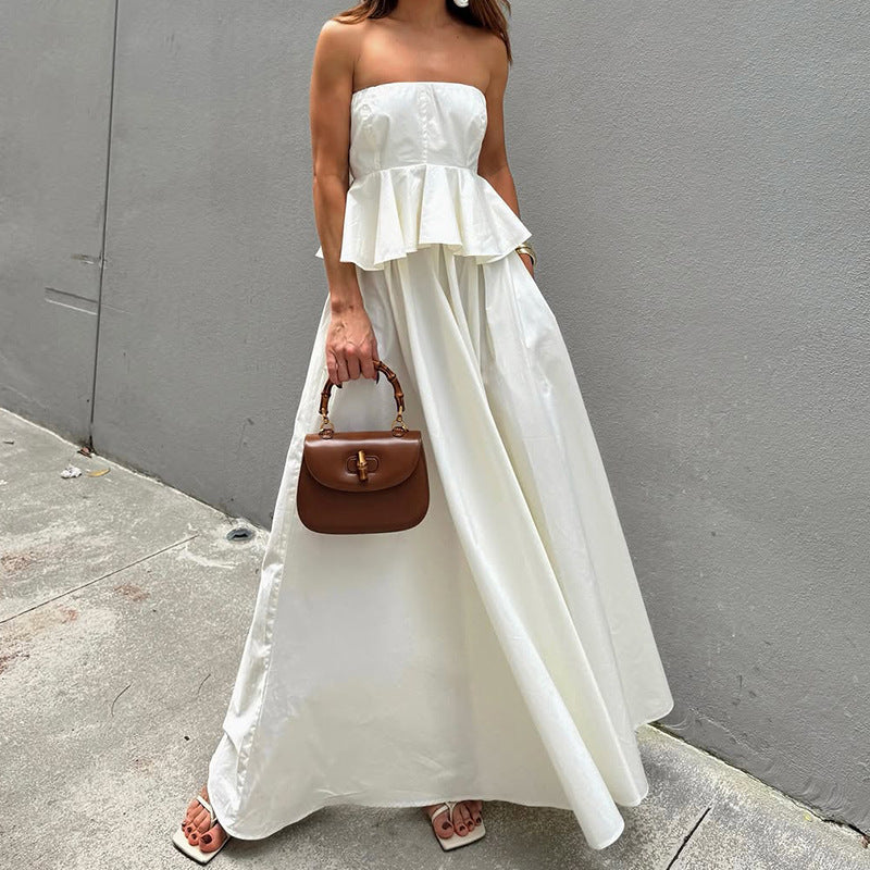 Women’s Strapless Maxi Dress – Fitted Bodice – Peplum Waist – A-Line Silhouette