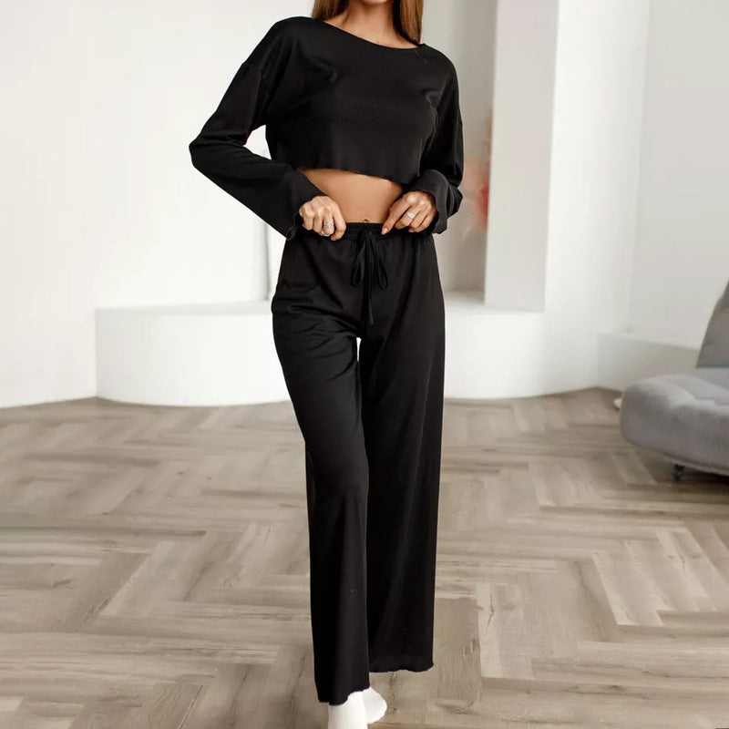 Women’s Loungewear Set – Cotton Blend – Relaxed Cropped Top – High-Waist – Wide-Leg Pants