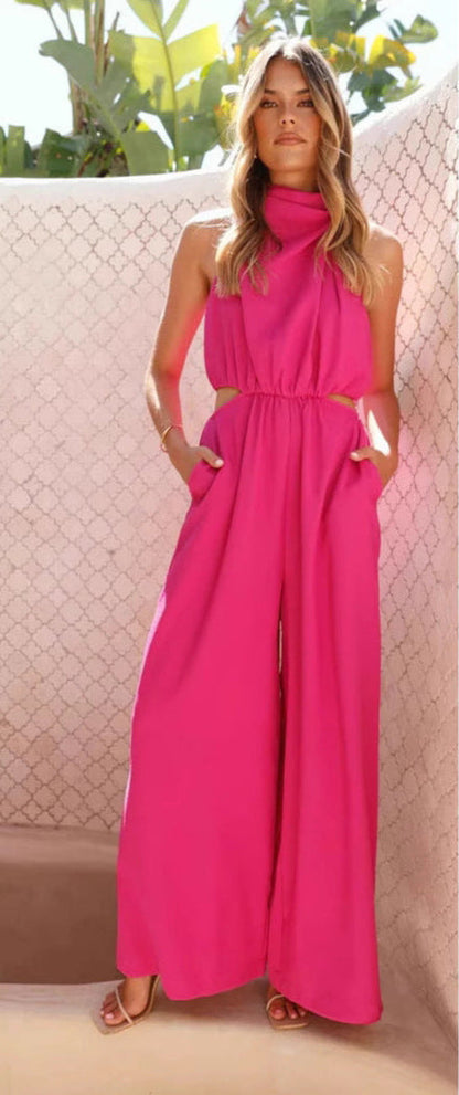 Women’s Halter Jumpsuit – Wide Leg – Relaxed Fit – Sleeveless – Adjustable Waist