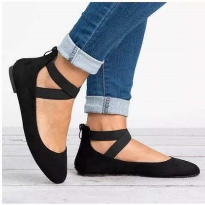 Women’s Ballet Flats – Suede Look – Elastic Strap – Rounded Toe – Low Profile Fit