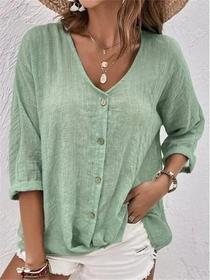 Women’s Blouse – Linnen – Relaxed Fit – V-Neck – Button-Down – 3/4 Rolled Sleeve