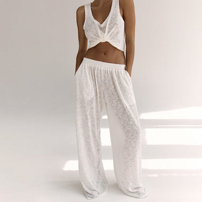 Women’s Loungewear Set – Sleeveless Twist Front Top – Wide Leg Pants – Soft Fabric