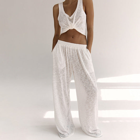 Women’s Loungewear Set – Sleeveless Twist Front Top – Wide Leg Pants – Soft Fabric