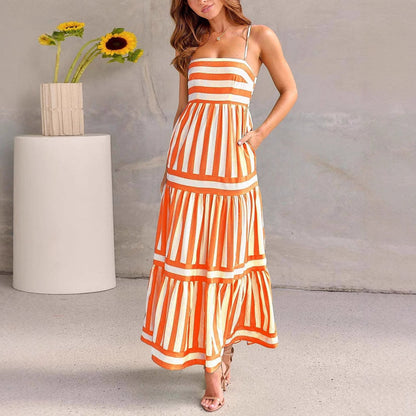 Women’s Sundress – Lightweight Cotton – A-Line Fit – Tiered Striped Spaghetti Straps