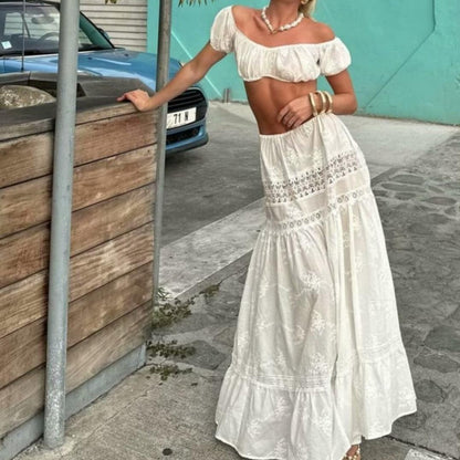 Women’s Two-Piece Set – Lace Off Shoulder Crop Top – Tiered Maxi Skirt – Boho Style