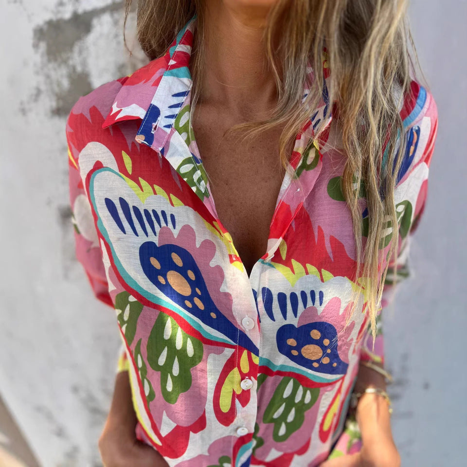 Women’s Button-Up Shirt - Cotton Blend - Oversized Fit - Bold Botanical Print