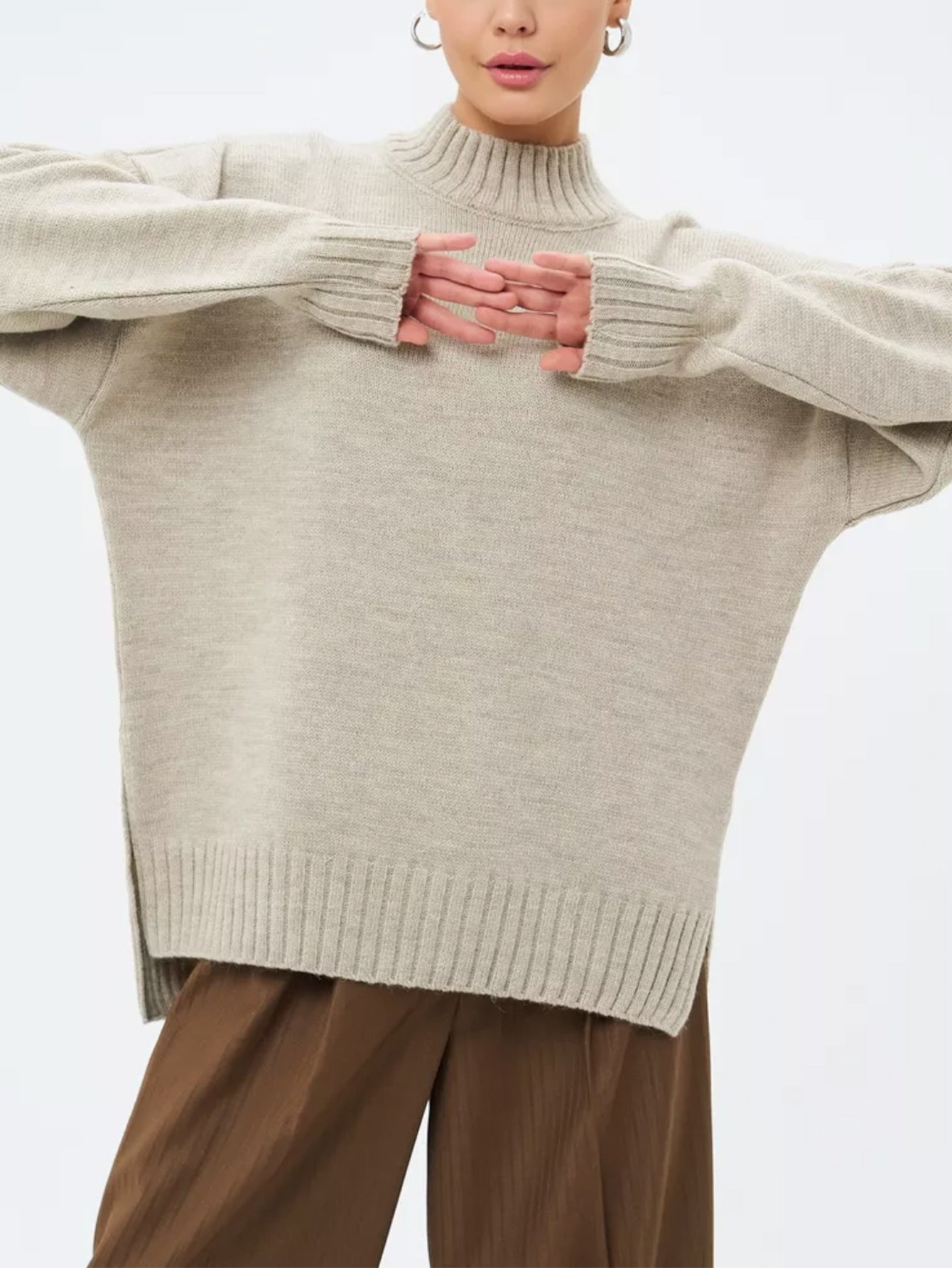Women’s Pullover Sweater – Soft Ribbed Knit – Oversized Fit – Semi-High Neck – Casual