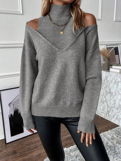 Women’s Knit Sweater – Soft Knit – Off-Shoulder V-Neck – Relaxed Fit – Layered Look