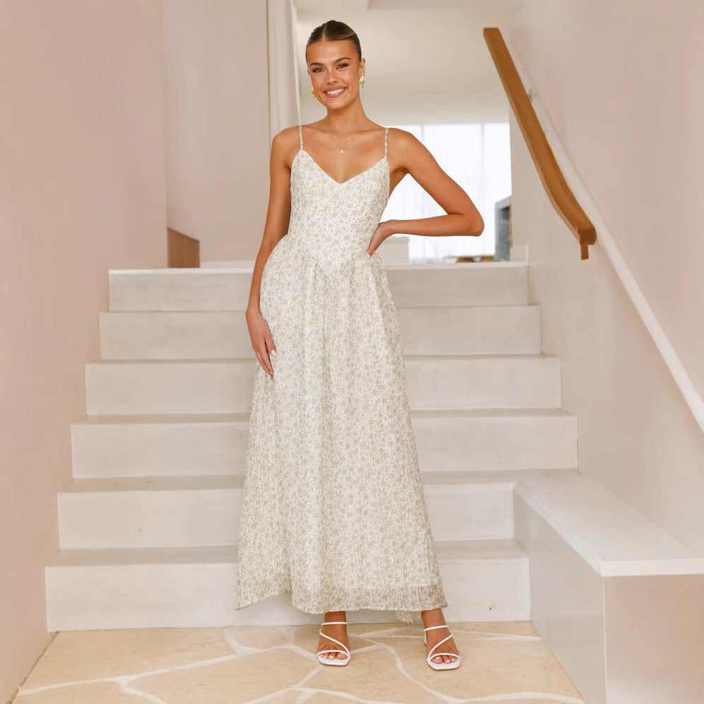 Women’s Maxi Dress – Flared Fit – V-Neck Sleeveless – Floral Print – Back Bow Tie