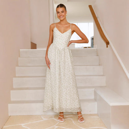 Women’s Maxi Dress – Flared Fit – V-Neck Sleeveless – Floral Print – Back Bow Tie