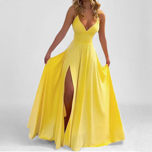 Women’s Evening Dress – Slim Fit – Chiffon Feel – V Neck – Thigh Slit – Ruffle Hem