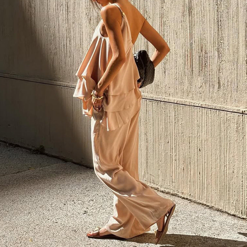 Women’s Two-Piece Set – Asymmetrical Ruffle Top – Wide-Leg Full-Length Pants