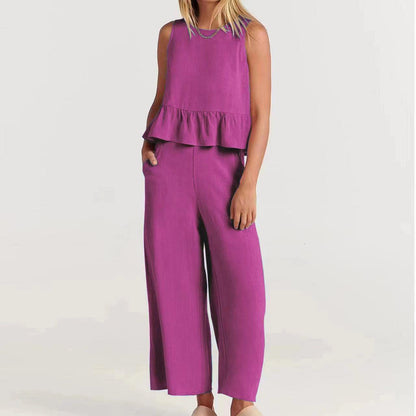Women’s Two-Piece Set – Relaxed Fit – Sleeveless – Round Neck – Lightweight Cotton Blend