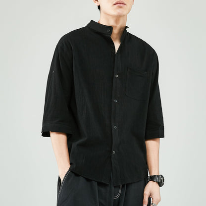 Men’s Shirt – Linen Cotton Blend – Relaxed Fit – Band Collar – 7/8 Sleeve Casual Wear