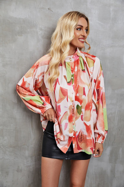 Women’s Long Sleeve Shirt – Relaxed Fit – Button Down – Artistic Print – Lightweight