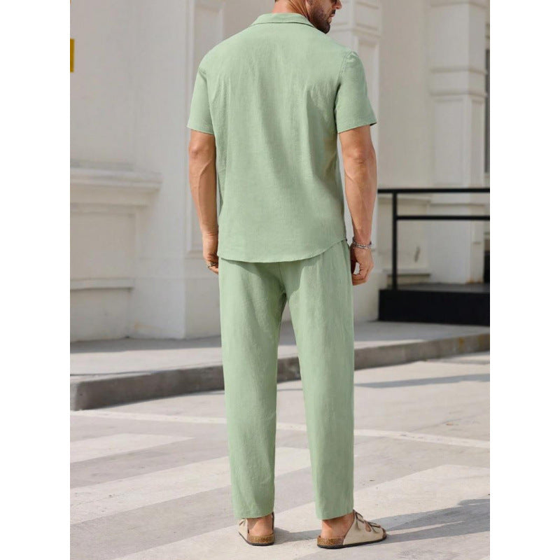 Men’s Two-Piece Set – Linen Blend – Relaxed Fit – V-Neck Short Sleeve Shirt & Pants