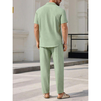 Men’s Two-Piece Set – Linen Blend – Relaxed Fit – V-Neck Short Sleeve Shirt & Pants