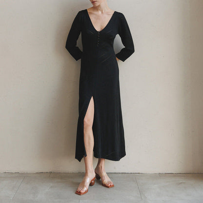 Women’s Knit Maxi Dress – Slim Fit – V-Neck – High Slit – Openwork Sleeves