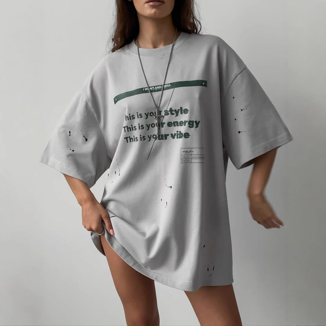 Women’s Oversized T-Shirt – Cotton Blend – Relaxed Fit – Distressed Graphic Tunic