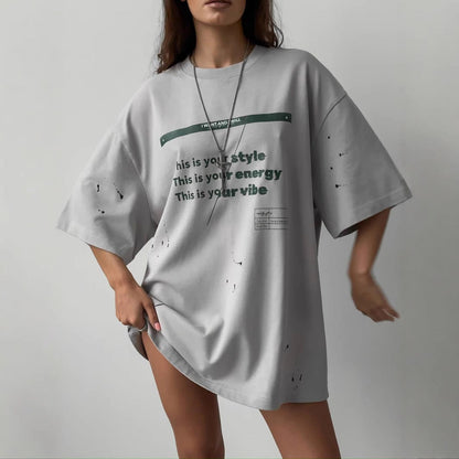 Women’s Oversized T-Shirt – Cotton Blend – Relaxed Fit – Distressed Graphic Tunic