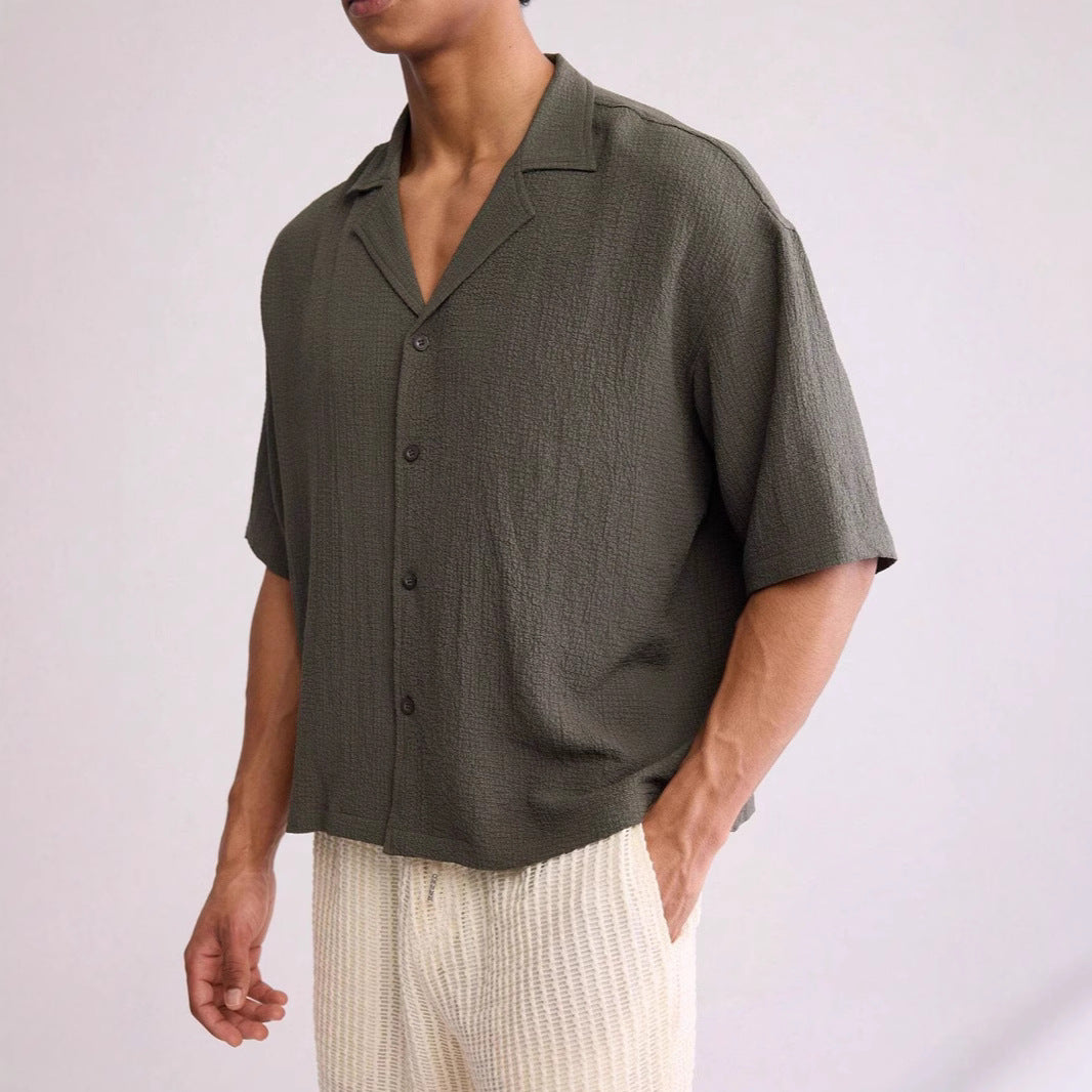 Men’s Short Sleeve Shirt – Relaxed Fit – Textured Cotton Blend – Button Up Casual