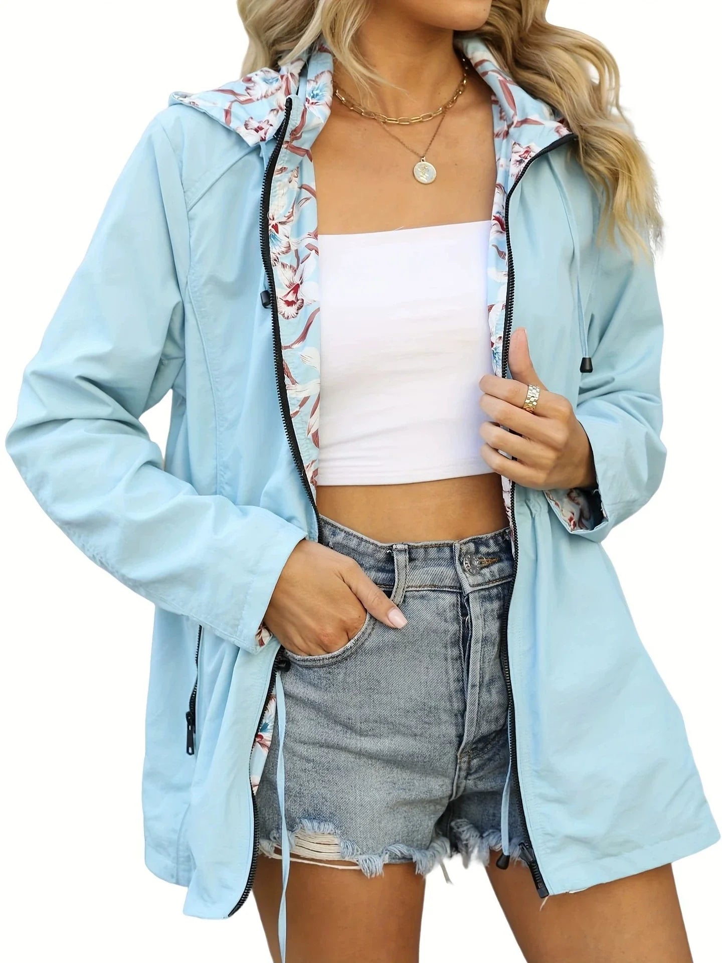 Women’s Windbreaker Jacket – Slim Fit – Waterproof – Hooded – Zip Front – Drawstring Waist