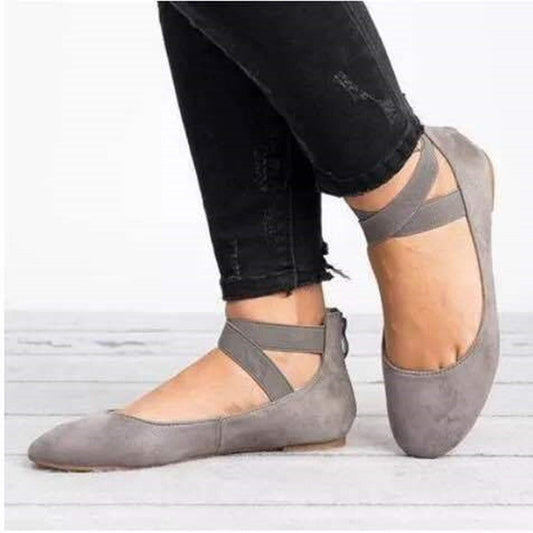 Women’s Ballet Flats – Suede Look – Elastic Strap – Rounded Toe – Low Profile Fit