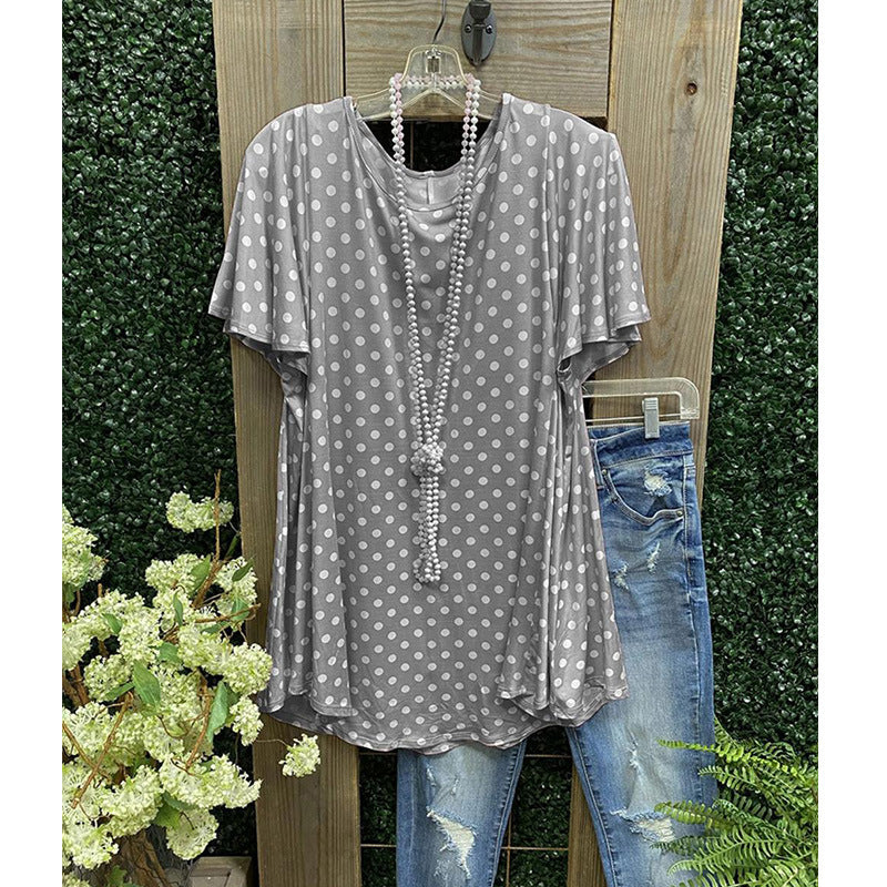 Women’s Tunic Top – Loose Fit – Polka Dot – Short Sleeve – Breathable Blend
