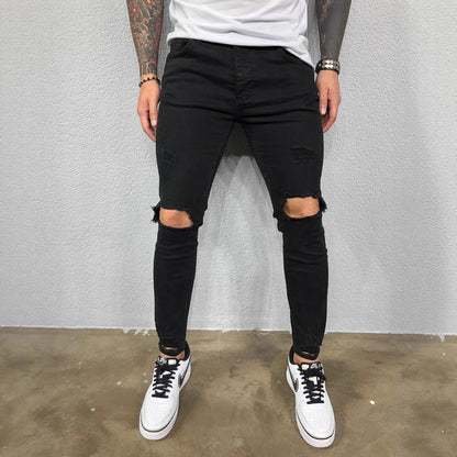 Men’s Skinny Jeans – Stretch Denim – Ripped Knees – Slim Fit Distressed Casual Wear
