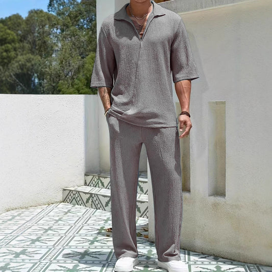 Men’s Shirt and Pants Set – Relaxed Fit – Breathable Textured Fabric – Elastic Waist