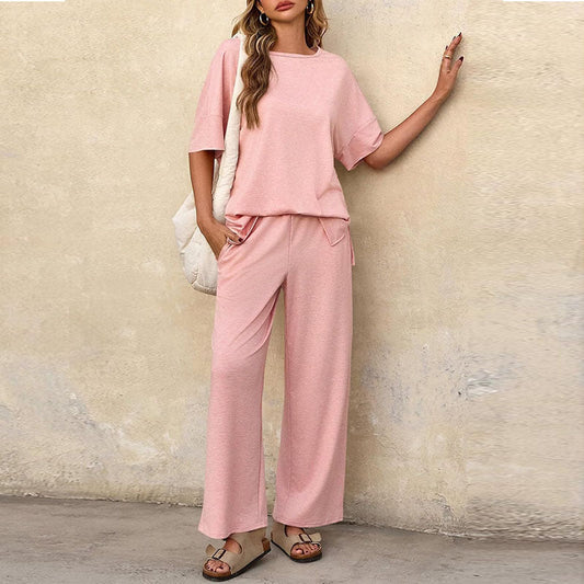 Women’s Two-Piece Set – Cotton Blend – Relaxed Fit – Short Sleeve Top & Wide-Leg Pants