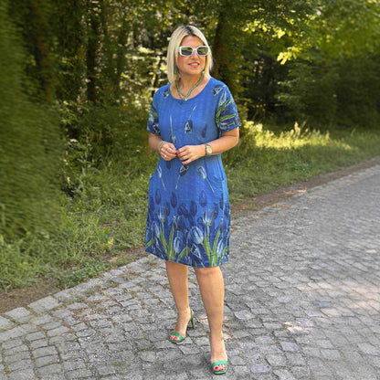 Women’s A-Line Dress – Floral Print – Short Sleeve Cotton – Midi Length – Side Pockets