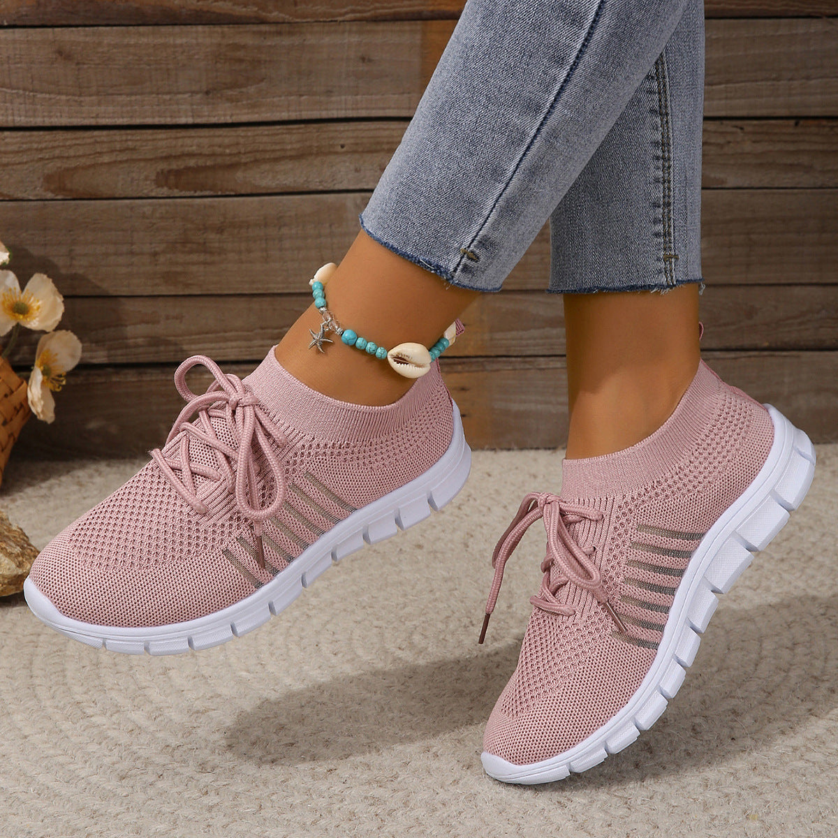 Women’s Athletic Sneakers – Flyknit Mesh – Cushioned Sole