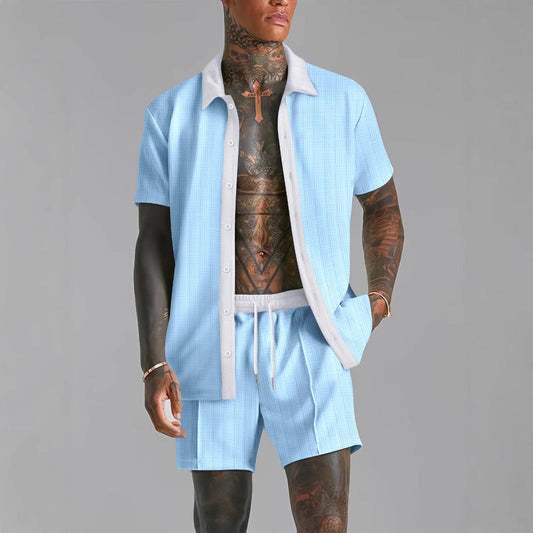 Men’s Shirt and Shorts Set – Cotton Blend – Relaxed Fit – Button-Down – Elastic Waist