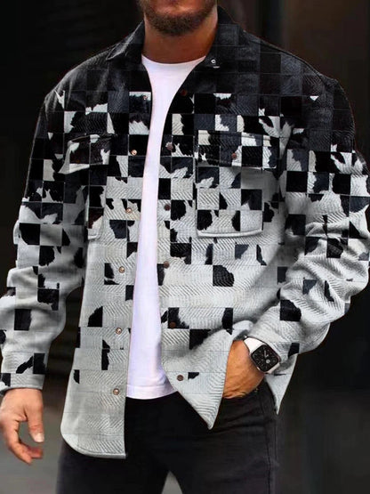 Men’s  Denim Jacket – Regular Fit – Geometric Pattern – Button Front Casual Layering