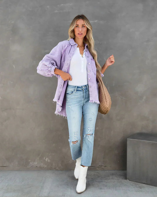 Women’s Overshirt Jacket – Relaxed Oversized Fit – Cotton Feel – Frayed Hem – Patch Pockets