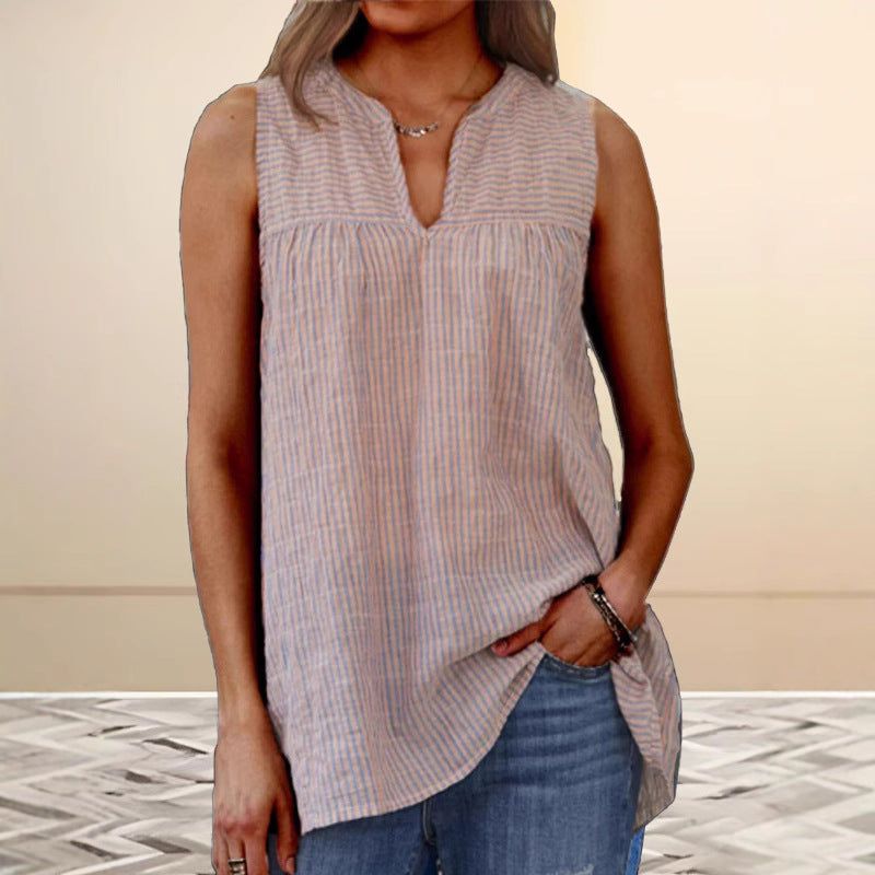 Women’s Tunic Top – Relaxed Fit – Sleeveless V-Neck – Striped Natural Fibers