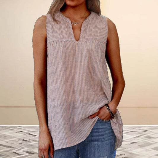 Women’s Tunic Top – Relaxed Fit – Sleeveless V-Neck – Striped Natural Fibers