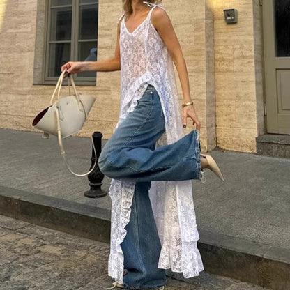 Women’s Maxi Dress – A-Line Fit – Lace Look – V-Neck – Tie Shoulders – Ruffle Trim – Side Split