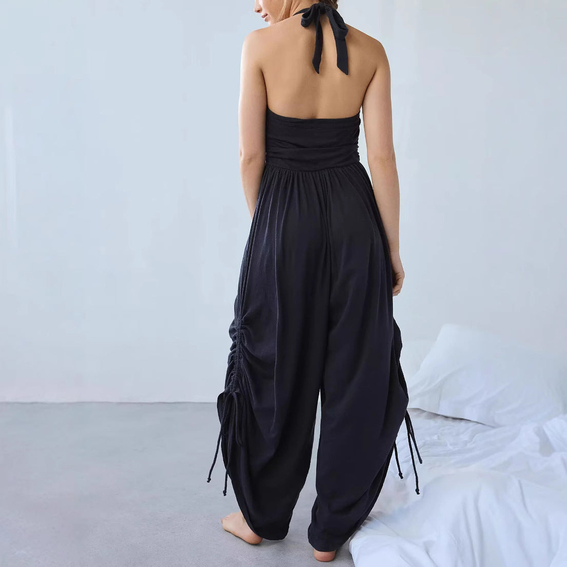 Women’s Halter Jumpsuit – Ruched Bodice – Draped Wide Leg – Adjustable Side Ties
