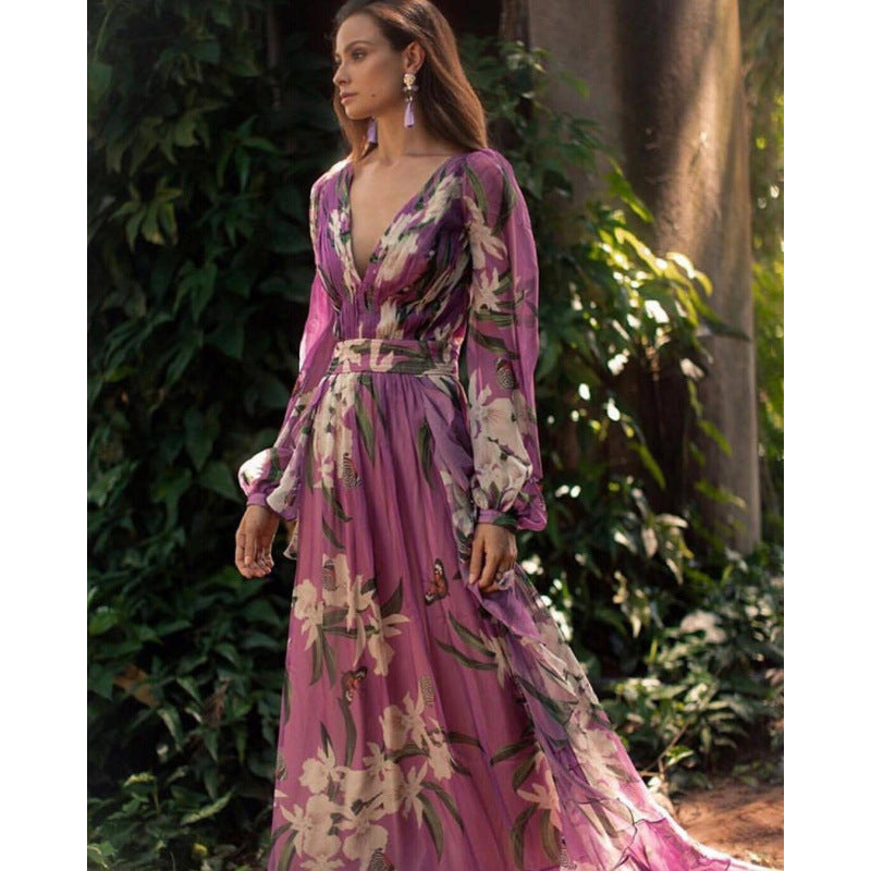 Women’s Full-Length Dress – Chiffon – V-Neck – Floral Print – Long Sleeve – Relaxed Fit