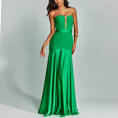 Women’s Strapless Gown – Satin Finish – Slim Fit – Plunging Neckline – Floor Length