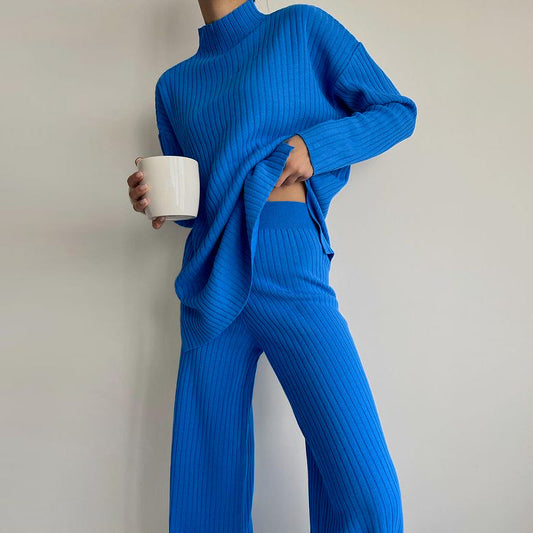 Women’s Knit Set – Ribbed Two-Piece – Oversized Top – Semi-High Neck – Full Length
