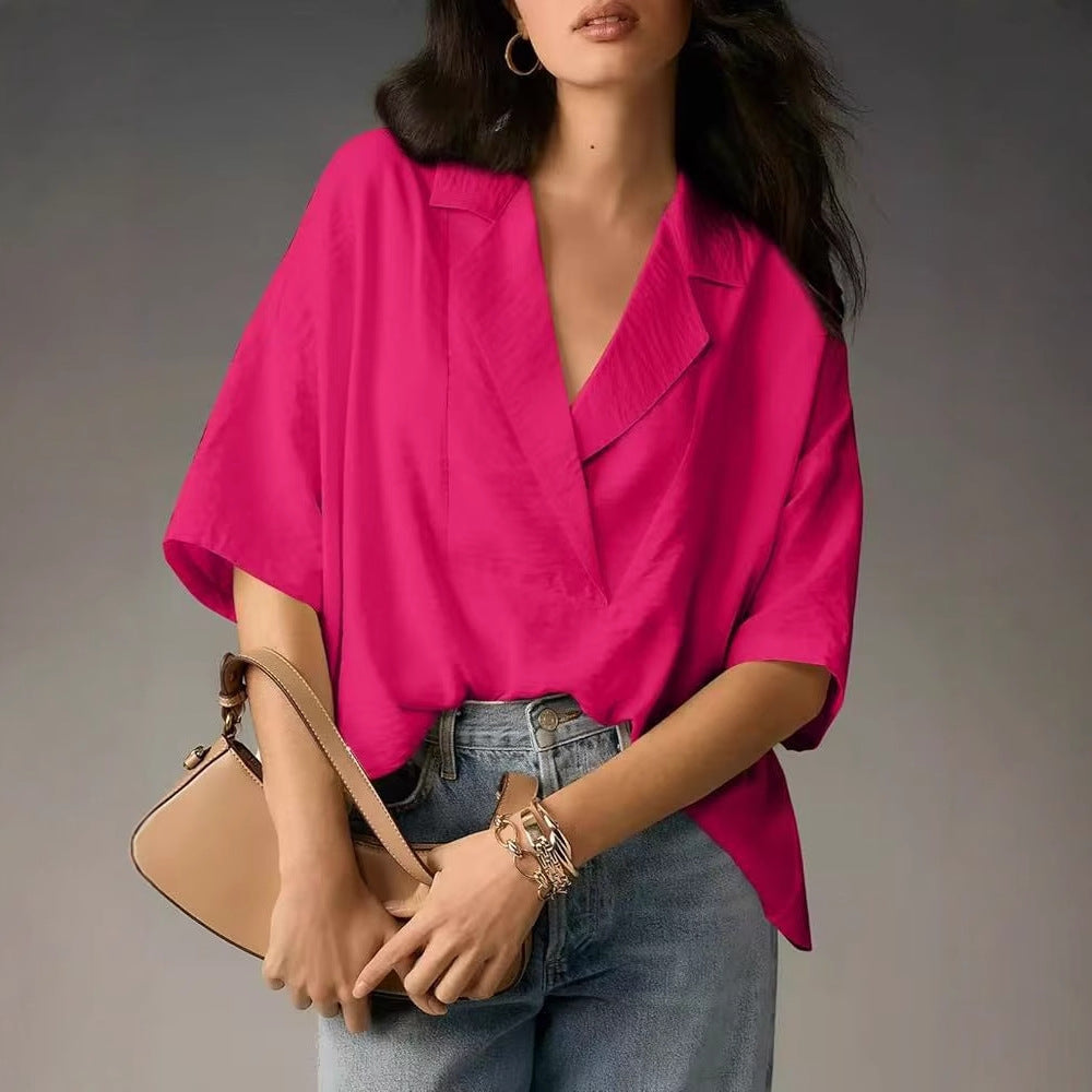 Women’s Blouse – Relaxed Fit – Cotton Blend – Short Sleeve – Collared Pullover Style