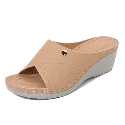 Women’s Wedge Slide Sandals – Open Toe – Cushioned Footbed – Perforated Strap