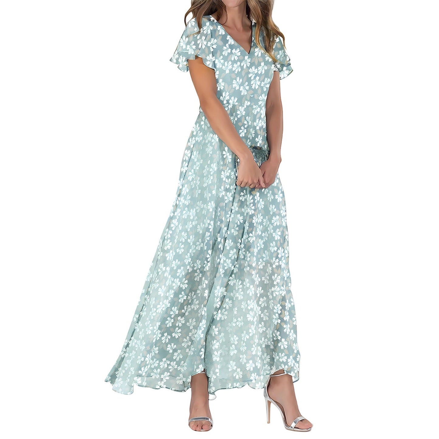 Women’s Maxi Dress – Luxury Fabric – Flowy Fit – V-Neck – Flutter Sleeve – Floral Print
