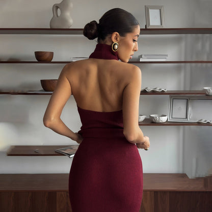 Women’s Midi Dress – Slim Fit Ribbed Knit – High-Neck Halter – Backless Sleeveless