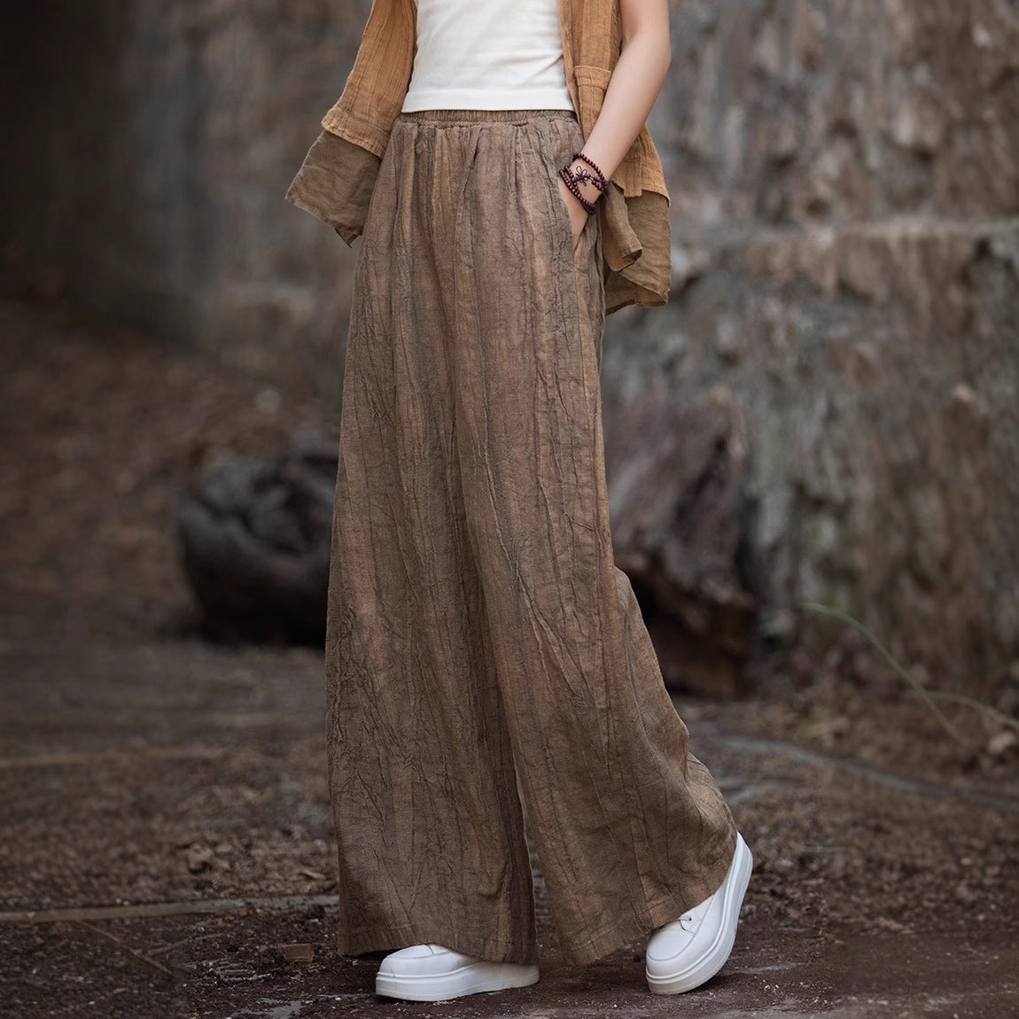 Women’s Wide-Leg Trousers – Linen Cotton Blend – Relaxed Fit – Elastic Waistband Casual Wear