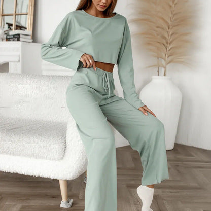 Women’s Loungewear Set – Cotton Blend – Relaxed Cropped Top – High-Waist – Wide-Leg Pants