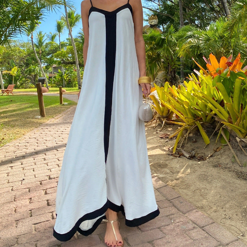 Women’s Maxi Dress – Lightweight Fabric – Loose Fit – V-Neck – Thin Straps – Contrast Trim